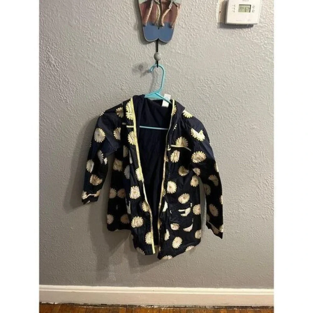 Girls navy‎ blue yellow white sunflower rain jacket size large 10/12